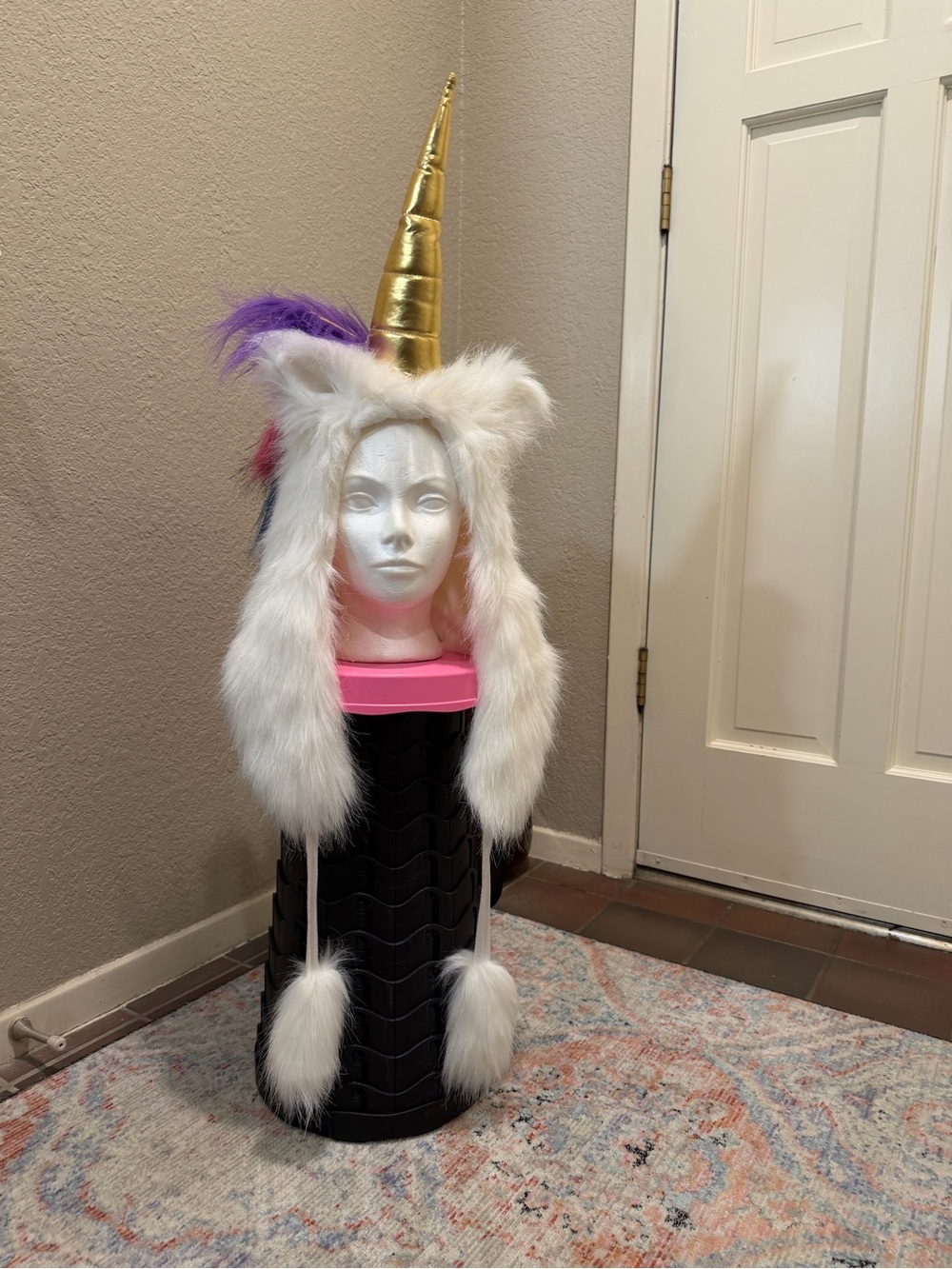 White Faux Fur Unicorn Hood with Gold Horn and Purple Accent